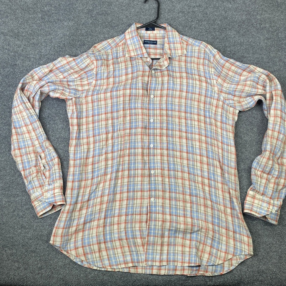 Peter Millar Collection Mens Large Linen Plaid Button Down Shirt MS18RD28DNL